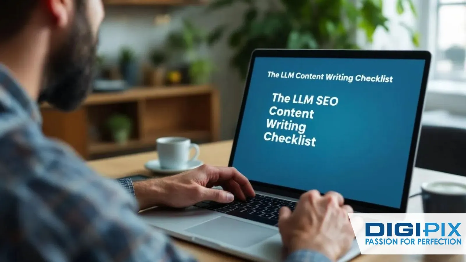 Professional reviewing “The LLM SEO Content Writing Checklist” displayed on a laptop screen, guiding best practices for semantic SEO content.
