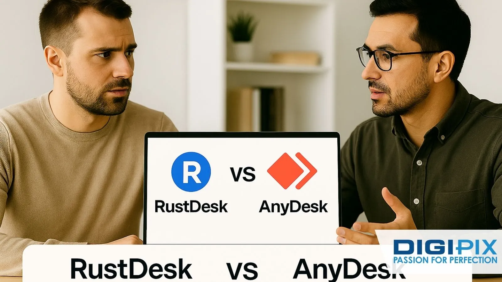 Two professionals compare RustDesk and AnyDesk on a laptop screen, highlighting the importance of evaluating remote desktop solutions to drive informed technology decisions for business success