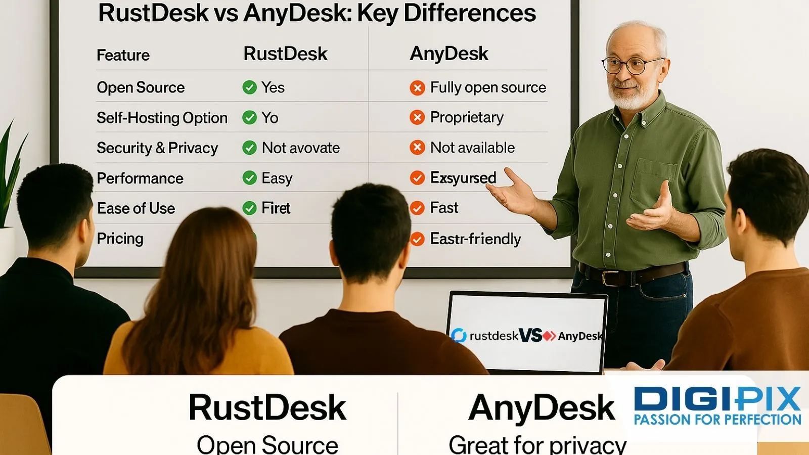 A business team reviews RustDesk vs AnyDesk, comparing features like open source access, self-hosting options, privacy and ease of use to make informed decisions about secure remote desktop solutions